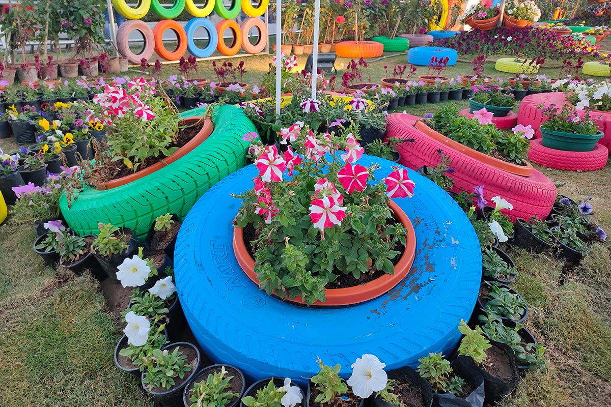 Jard&iacute;n colorido con neum&aacute;ticos reciclados pintados como maceteros, decorados con flores ornamentales de colores vibrantes